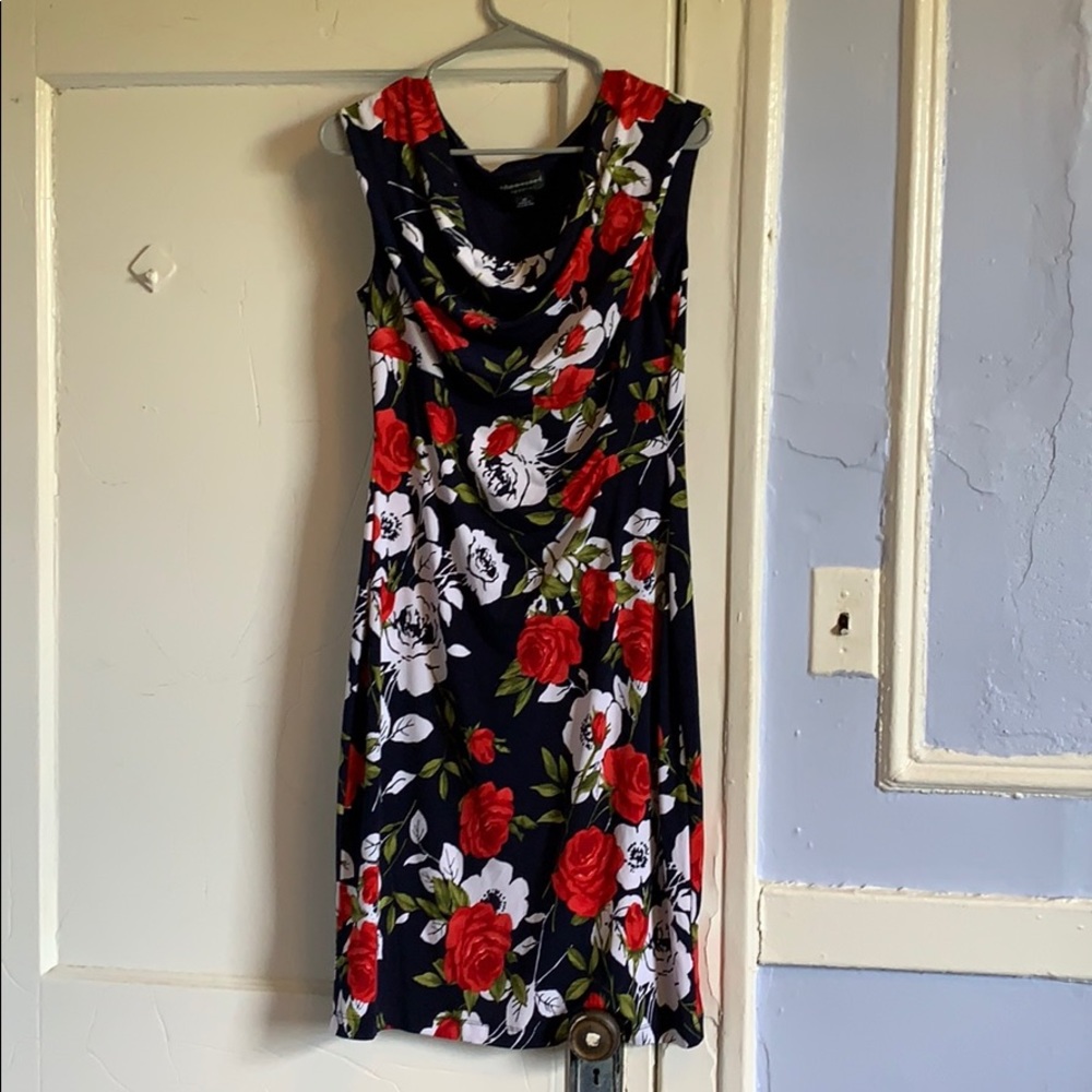 Connected navy dress w/ white/red flowers size 10